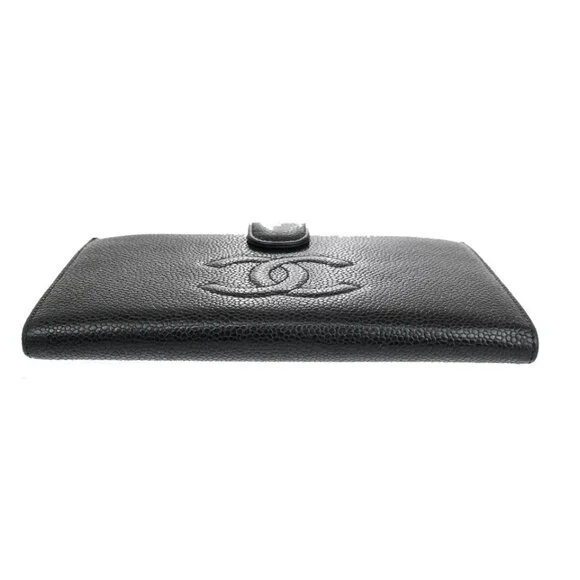 CHANEL CC Logo Long Bifold Wallet Purse Caviar Skin Leather Black France